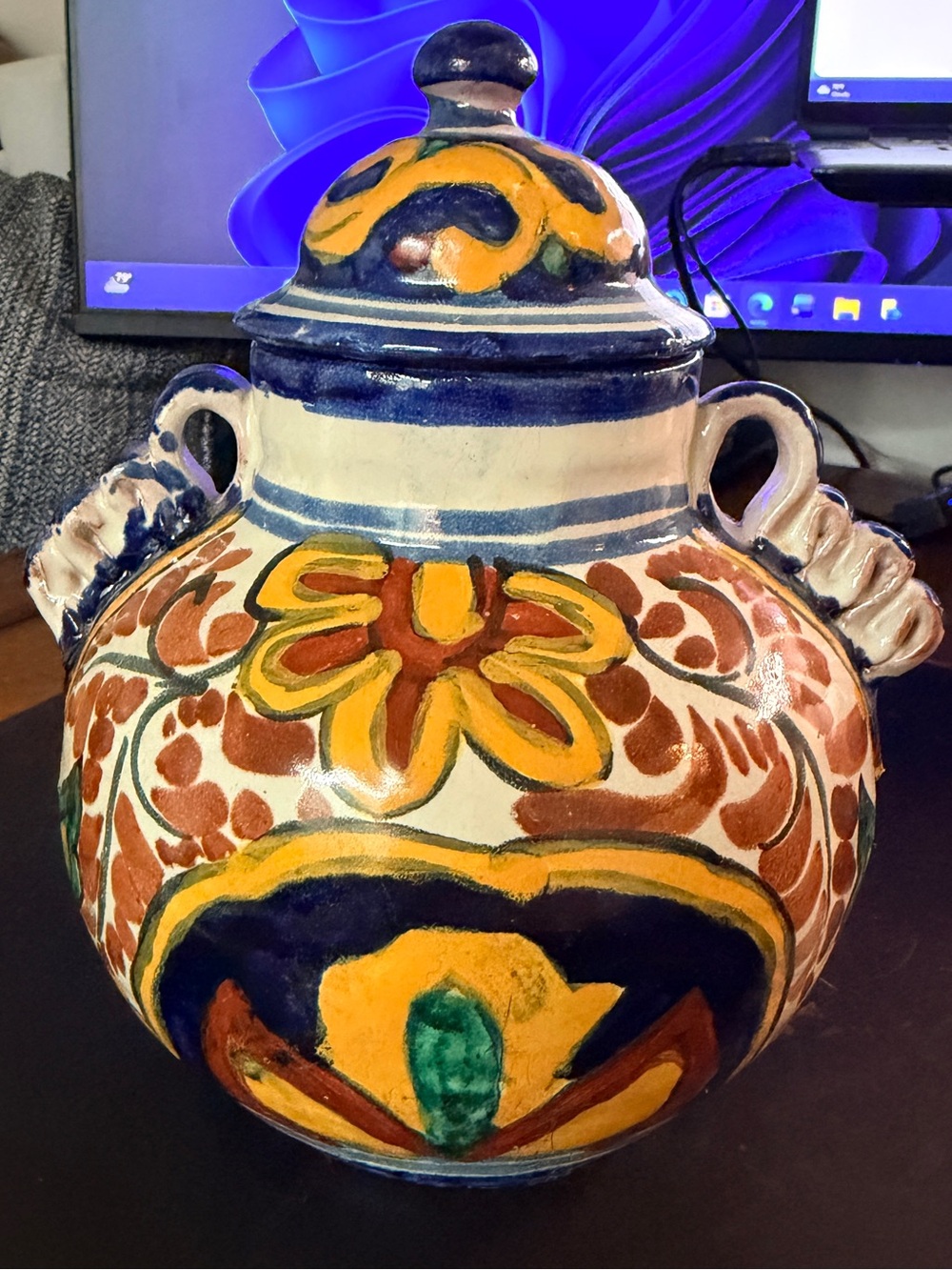Hand-Painted Multicolor Jar with Lid Made in Mexico - Blue, Yellow & Orange